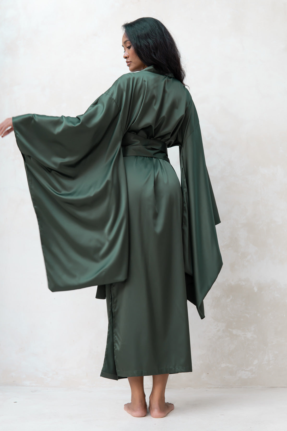 Satin Kimono Robe in Green