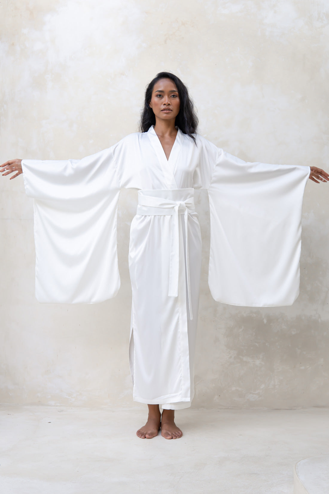 Satin Kimono Robe in Ivory White