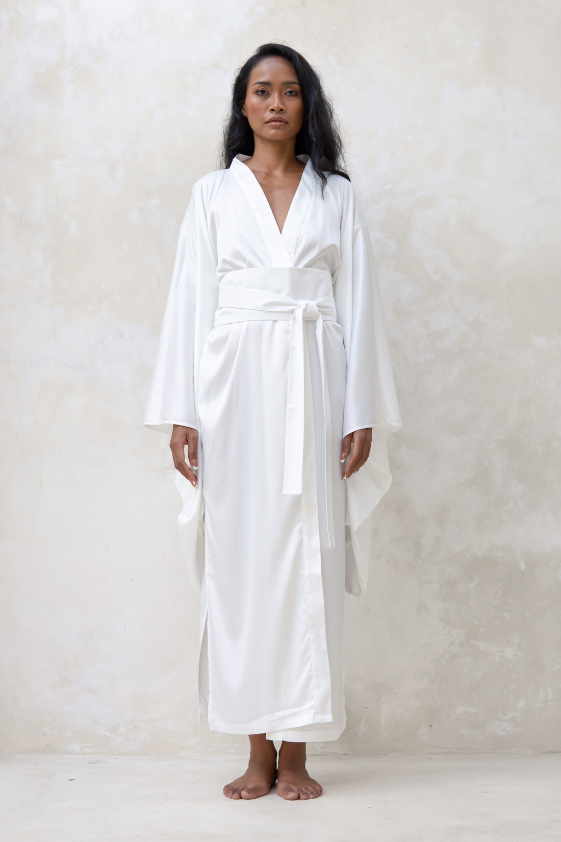 Satin Kimono Robe in Ivory White