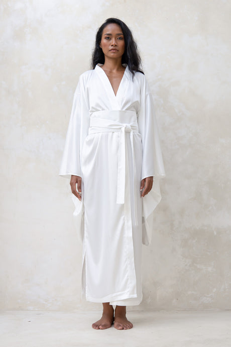 Satin Kimono Robe in Ivory White
