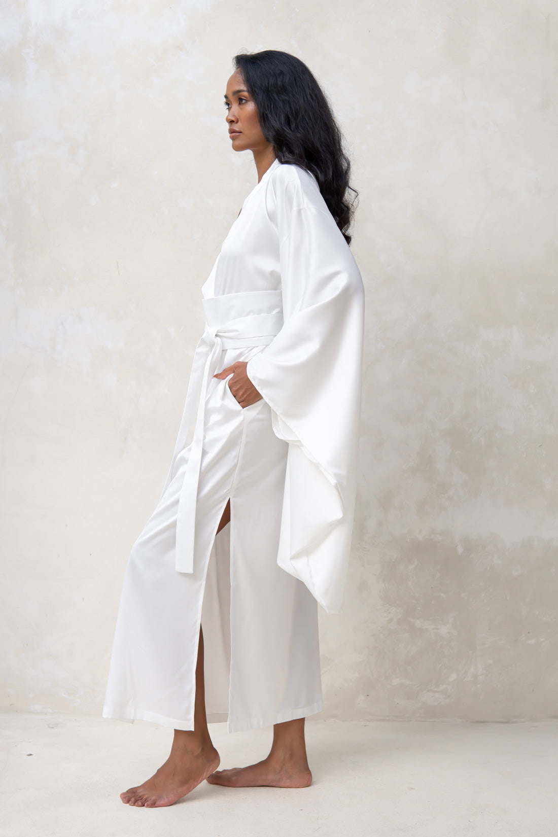 Satin Kimono Robe in Ivory White