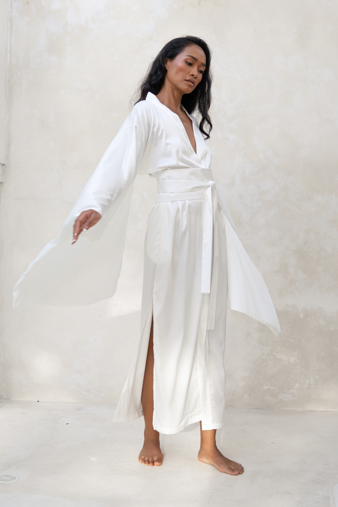 Satin Kimono Robe in Ivory White