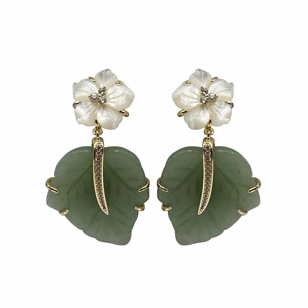 Mother of Pearl Flower Earrings With Jade Leaf Drop