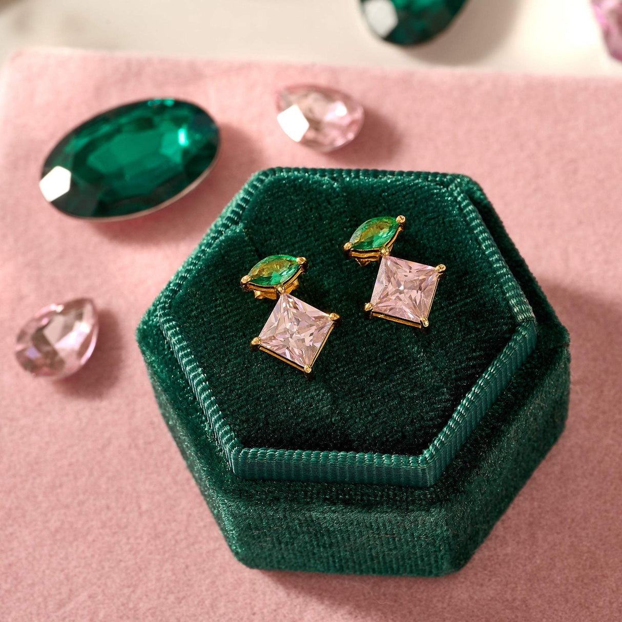 Esme Stud Earrings, Emerald Green, Pink & Gold