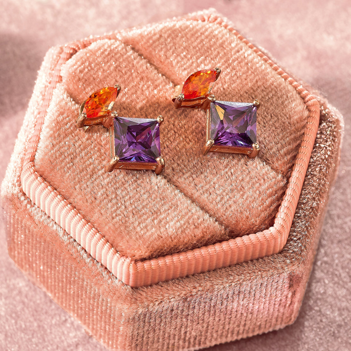 Esme Stud Earrings, Amethyst Purple, Orange & Rose Gold