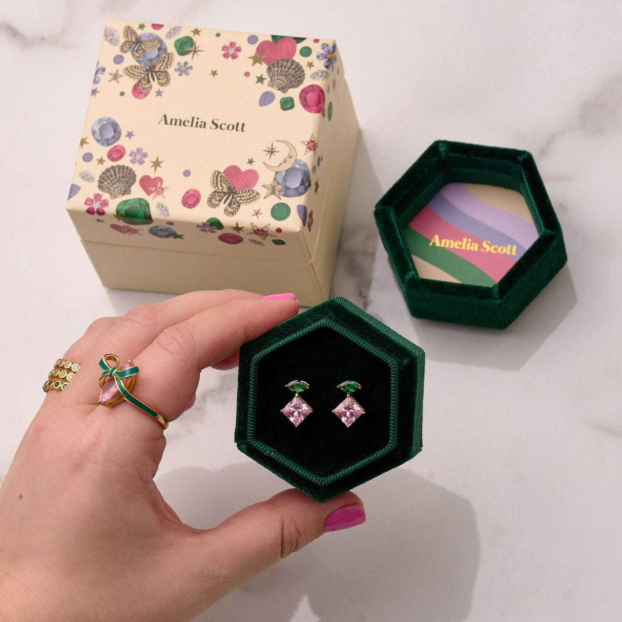 Esme Stud Earrings, Emerald Green, Pink & Gold
