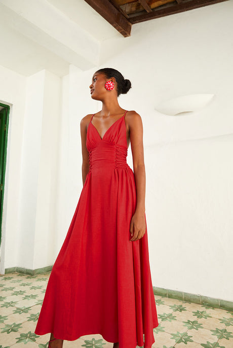 FARM Rio RED SLEVELESS MIDI DRESS