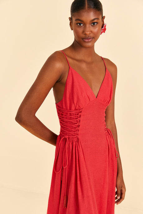 FARM Rio RED SLEVELESS MIDI DRESS