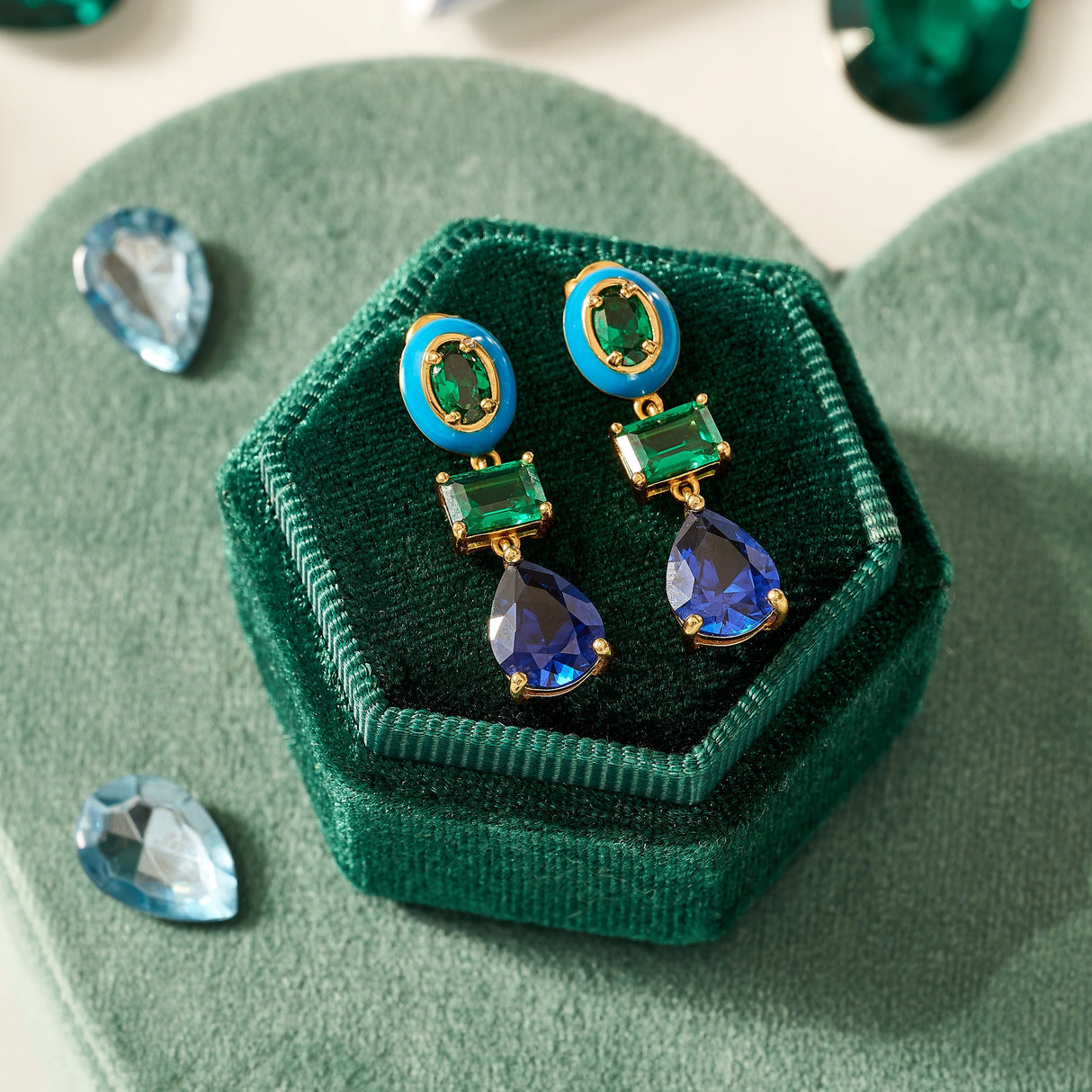 Frida Enamel Drop Earrings, Blue, Green & Gold