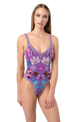 Flower Hand-Beaded Embellished One-Piece Swimsuit