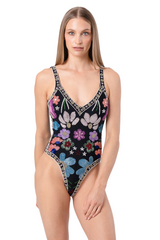 Flower Hand-Beaded Embellished One-Piece Swimsuit