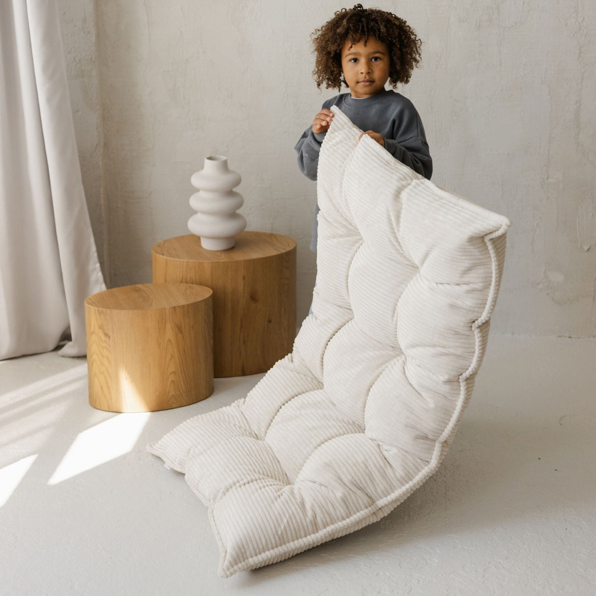 MINICAMP Tufted Corduroy Floor Cushion, French Style Pillow in Ecru