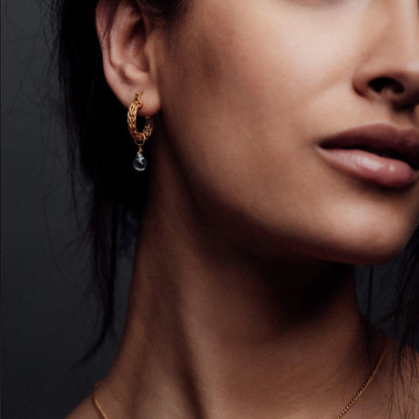 Gold Weave Mini Hoops With Blue Topaz Charm