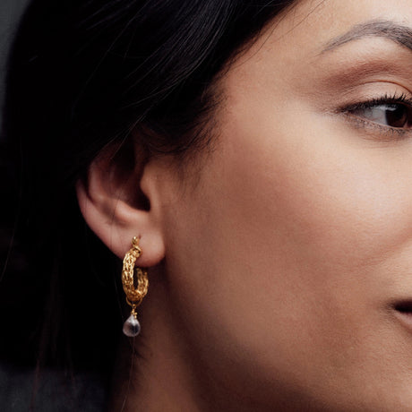 Gold Weave Mini Hoops With Rose Quartz Charm