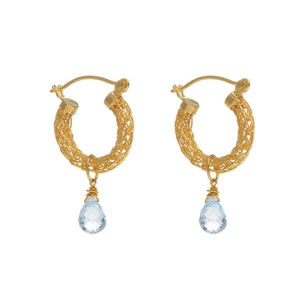 Gold Weave Mini Hoops With Blue Topaz Charm