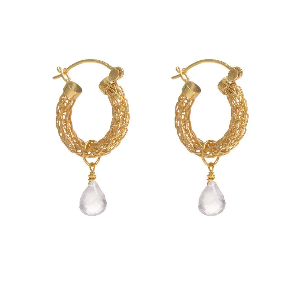 Gold Weave Mini Hoops With Rose Quartz Charm