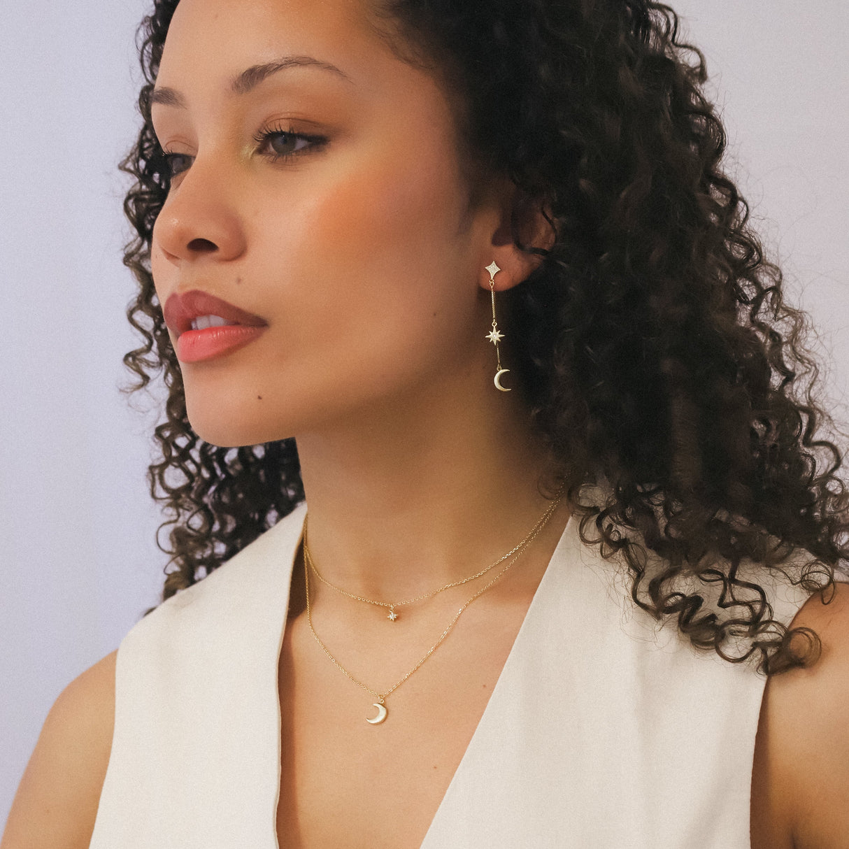 Karita Moon & Star Double Chain Earrings | 18k Gold Plated