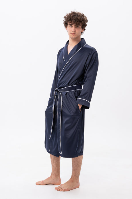 Navy Men's Satin Dressing Gown