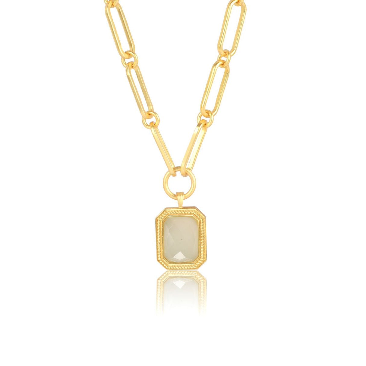 Paperclip Chain Rectangular White Crystal  Necklace