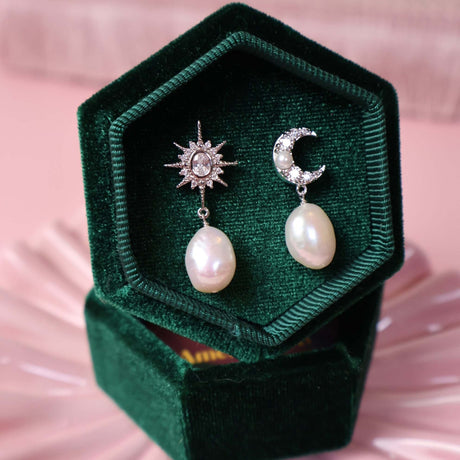 Luna Moon & Star Baroque Pearl Stud Earrings Silver