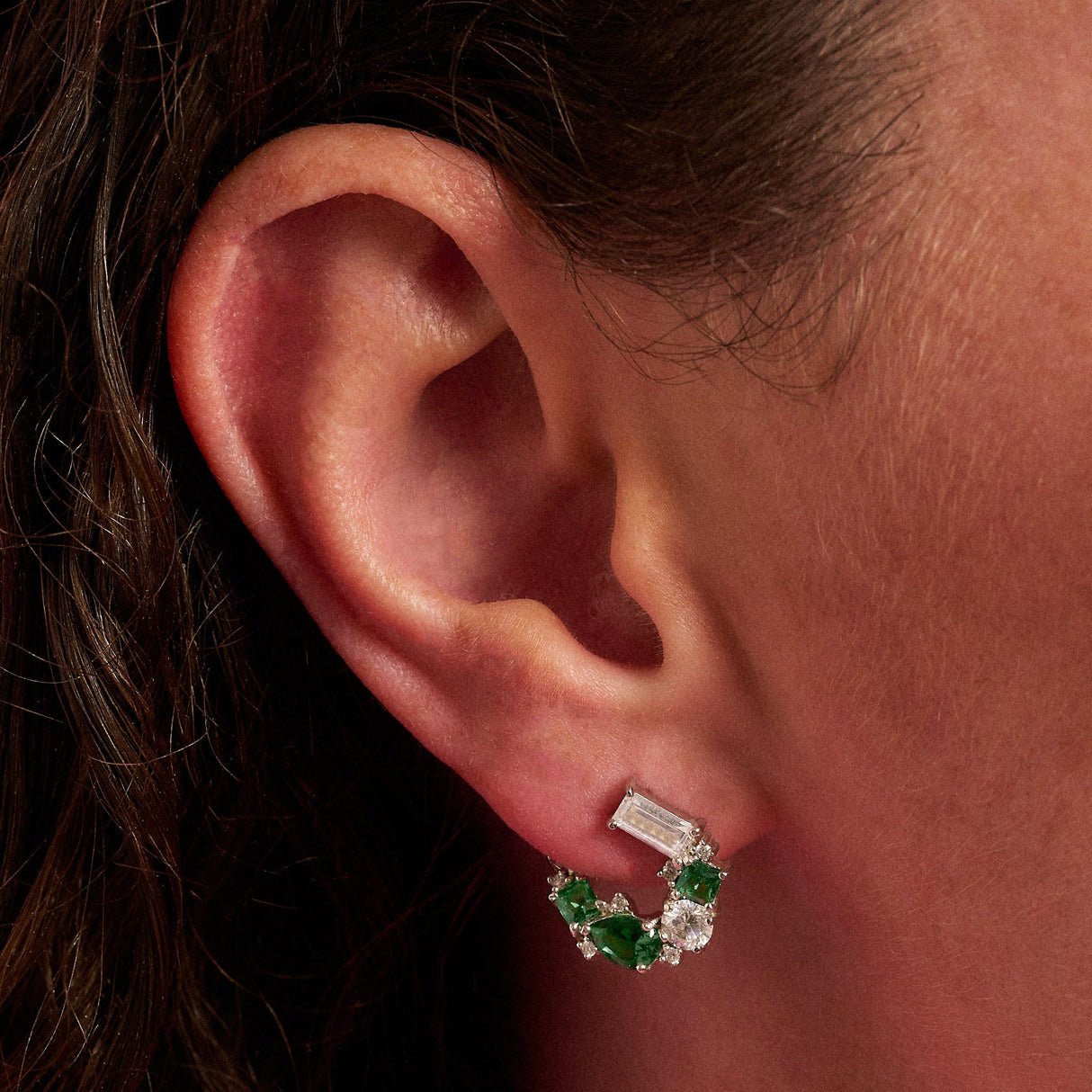 Lottie Cluster Earrings, Emerald Green & Silver