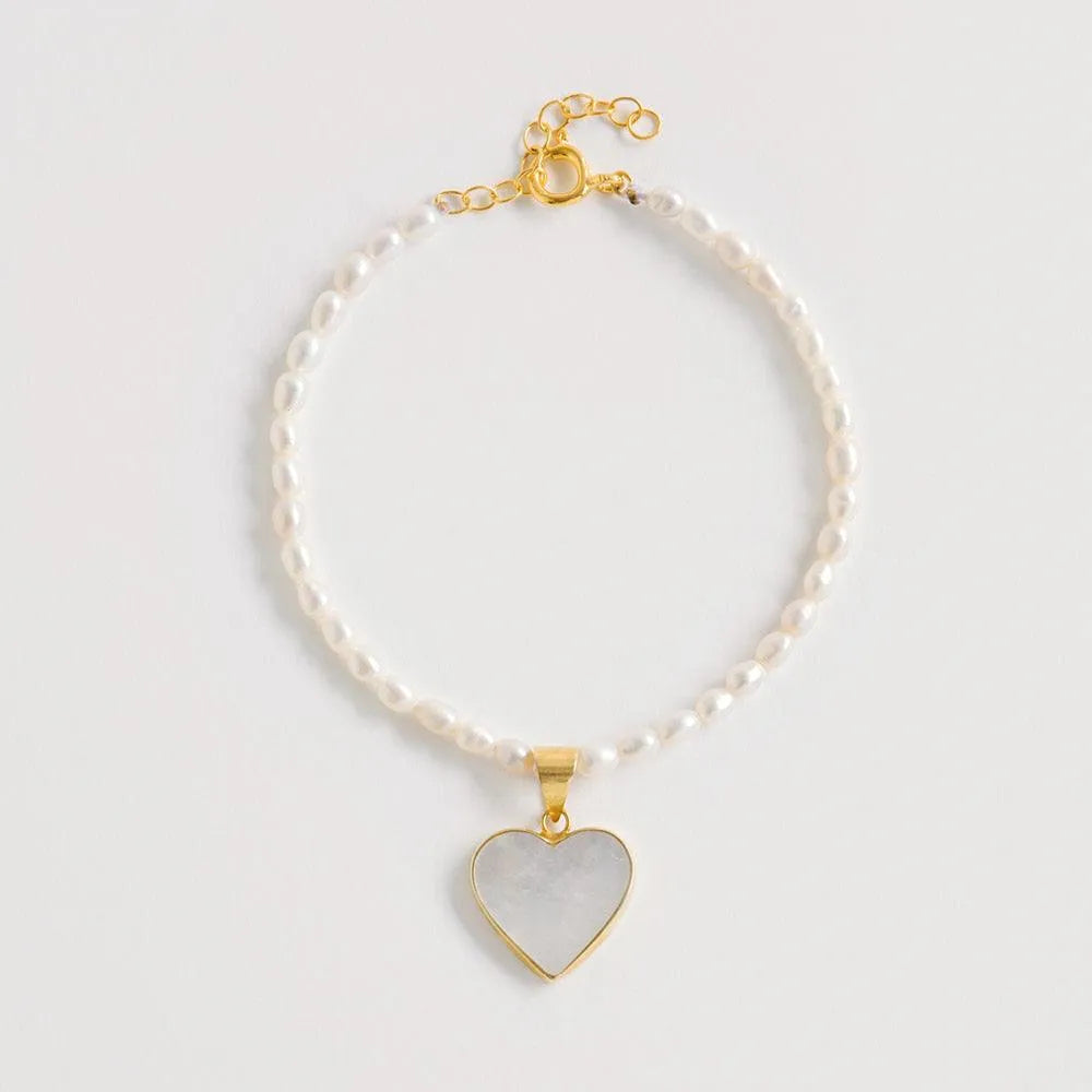 Rice Pearl Bracelet With Heart Charm