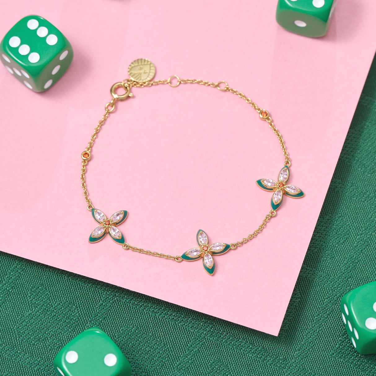 Lucky Clover Bracelet Emerald Enamel, Blush Pink & Gold