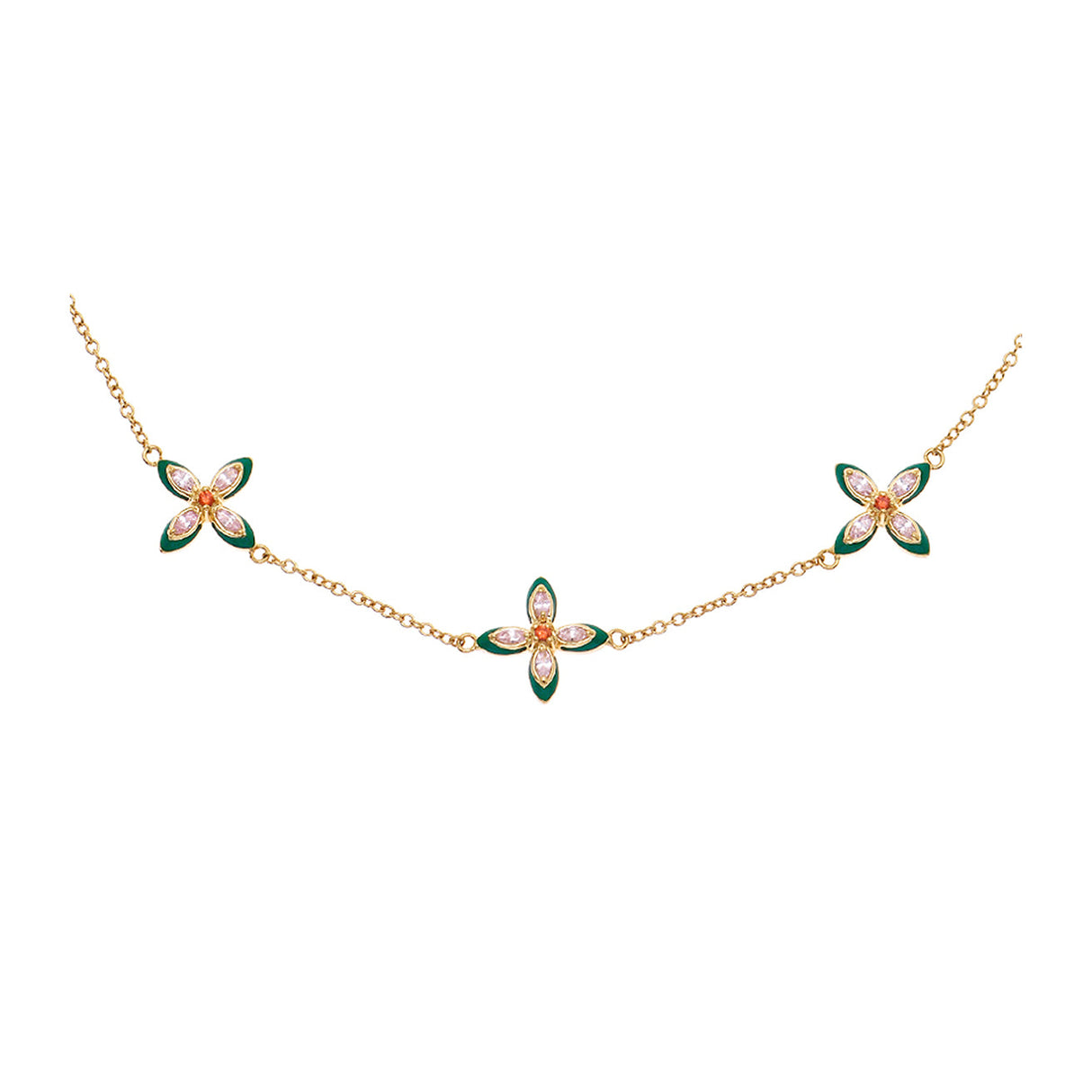 Lucky Clover Choker Necklace Emerald Enamel, Blush Pink & Gold