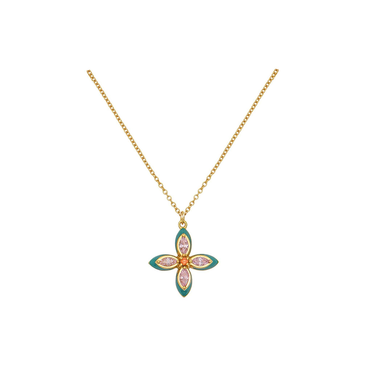 Lucky Clover Pendant Necklace Emerald Enamel, Blush Pink & Gold