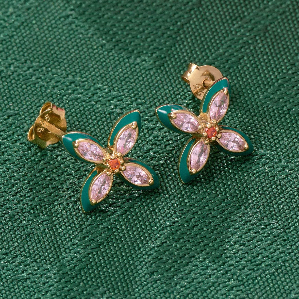 Lucky Clover Stud Earrings, Emerald Green, Blush Pink & Gold