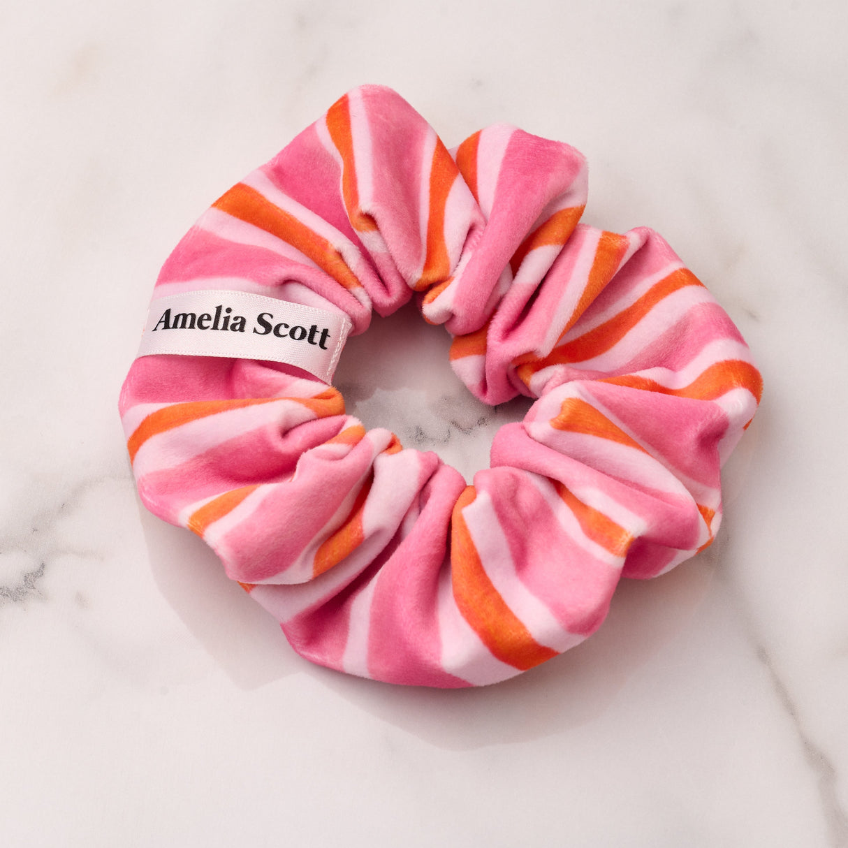 Lucy Pink & Orange Stripe Velvet Scrunchie