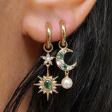 Luna Moon & Star Huggie Hoop Earrings Emerald Green & Gold