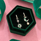Luna Moon & Star Huggie Hoop Earrings Emerald Green & Silver