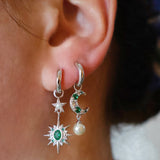 Luna Moon & Star Huggie Hoop Earrings Emerald Green & Silver