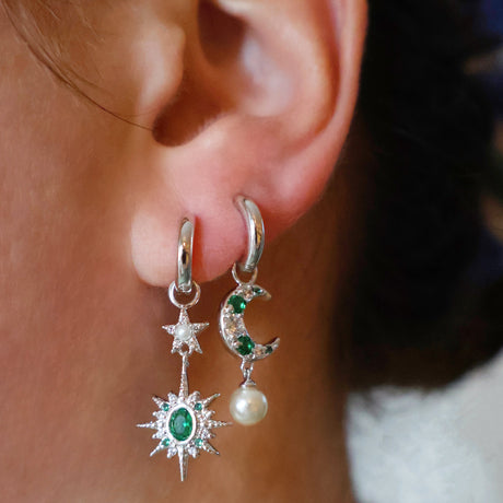 Luna Moon & Star Huggie Hoop Earrings Emerald Green & Silver