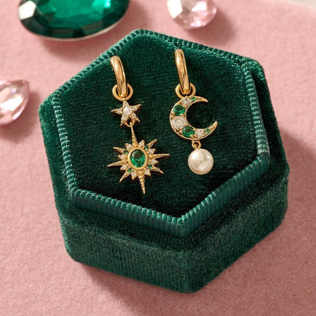 Luna Moon & Star Huggie Hoop Earrings Emerald Green & Gold