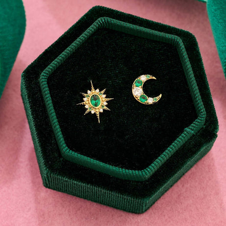 Luna Moon & Star Stud Earrings Emerald Green & Gold