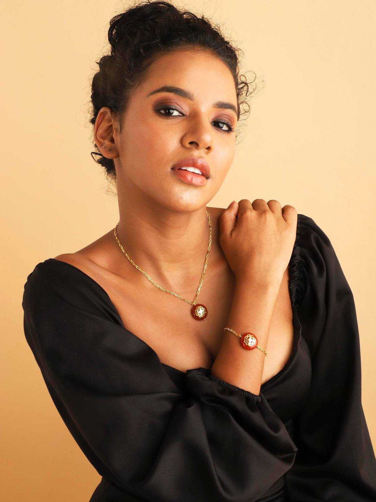 Melange Red Carnelian Necklace Bracelet Combo