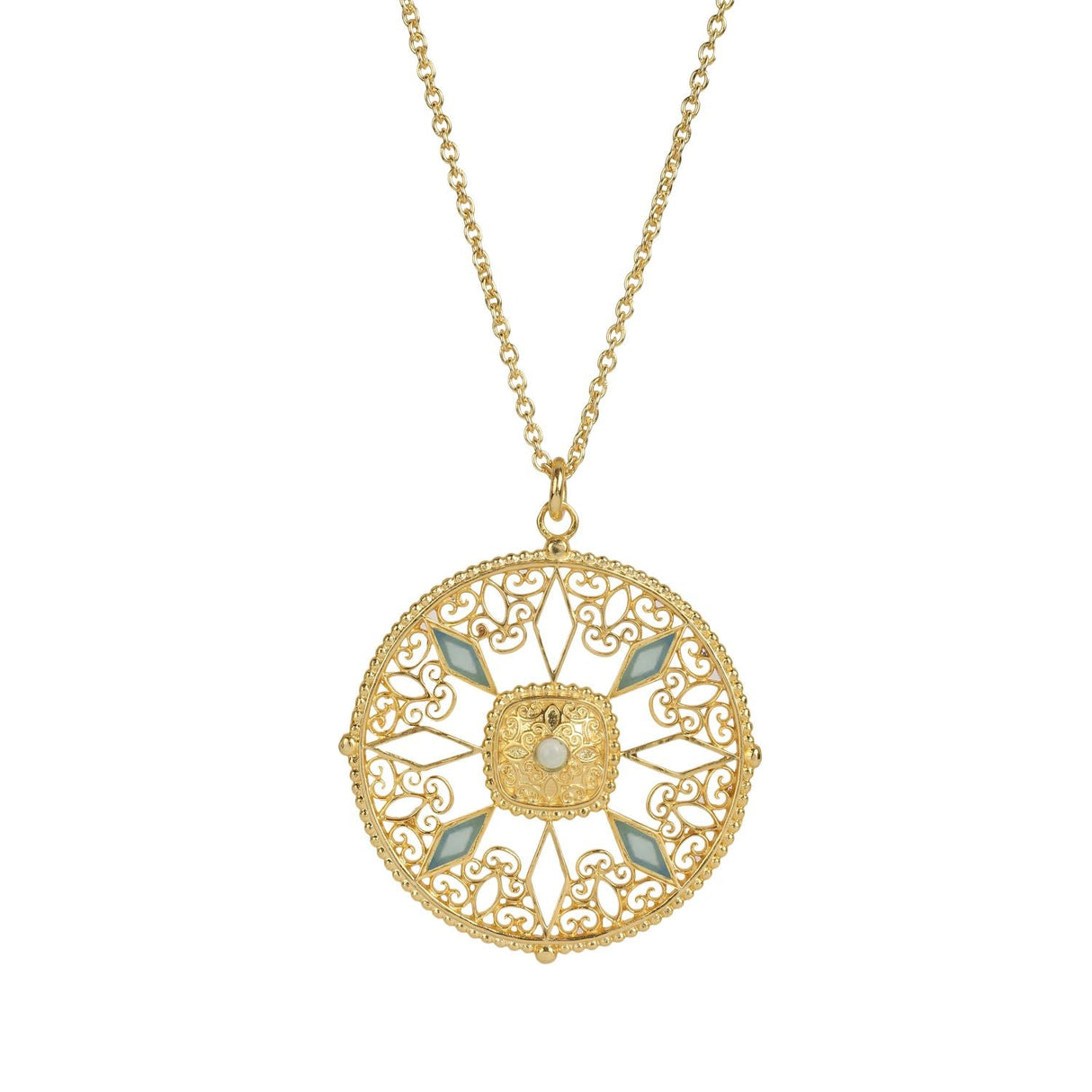 Filigree Medallion Swissblue Chalcedony Necklace