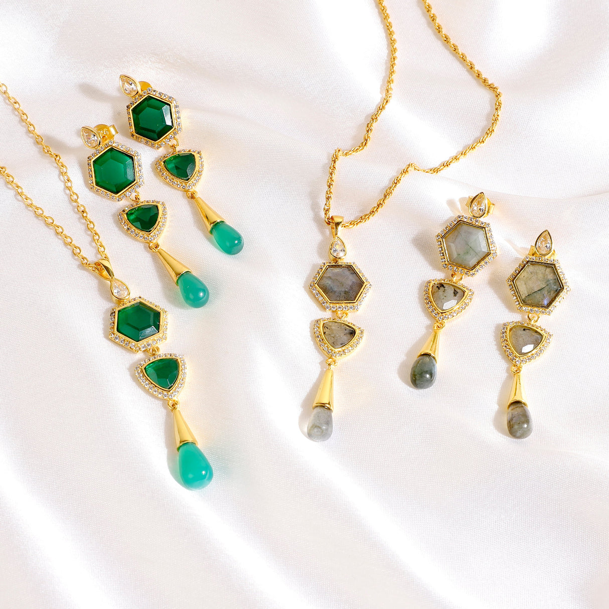 Green Onyx Necklace Semi Precious CZ