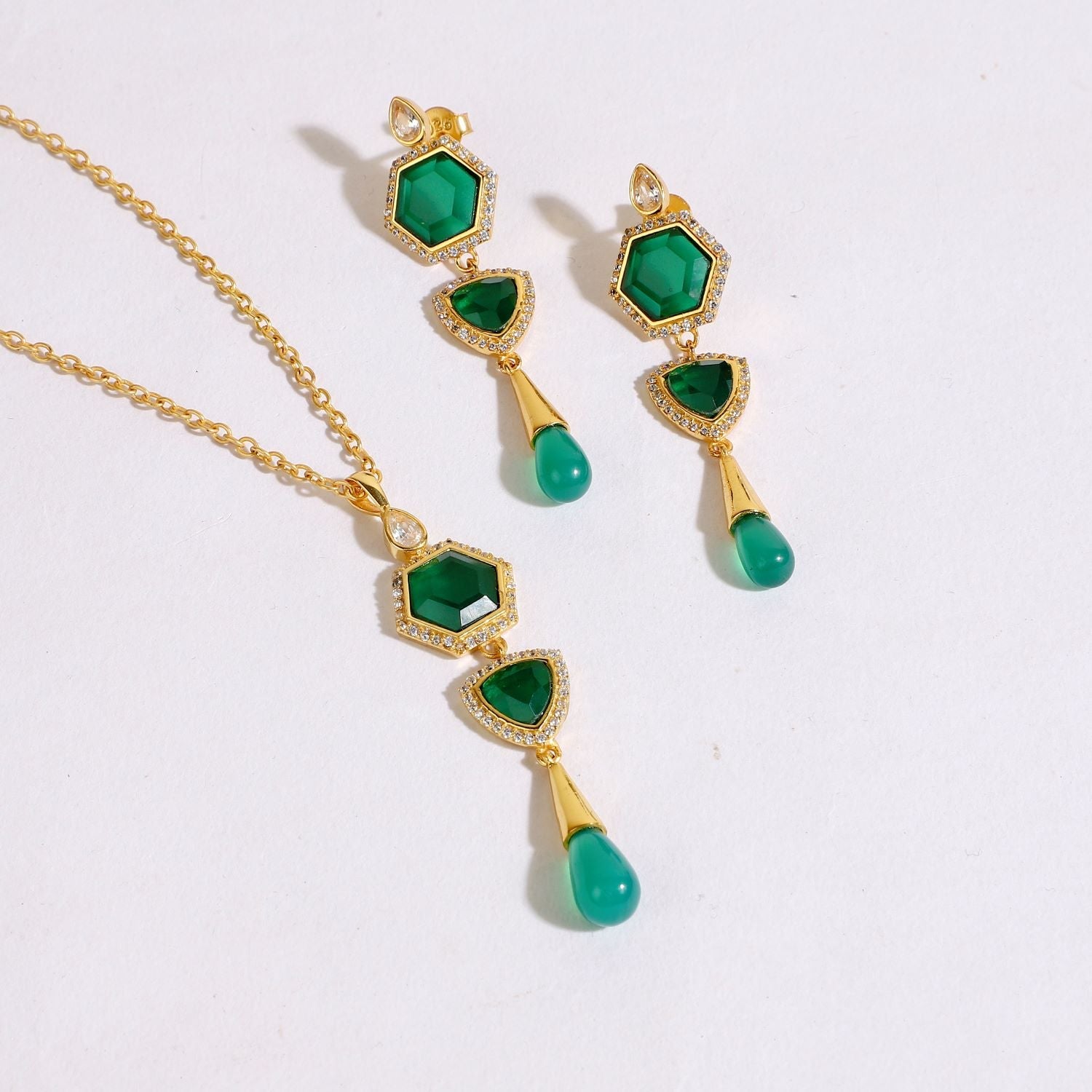 Timeless Radiance Green Onyx & CZ Earrings & Necklace Party Set