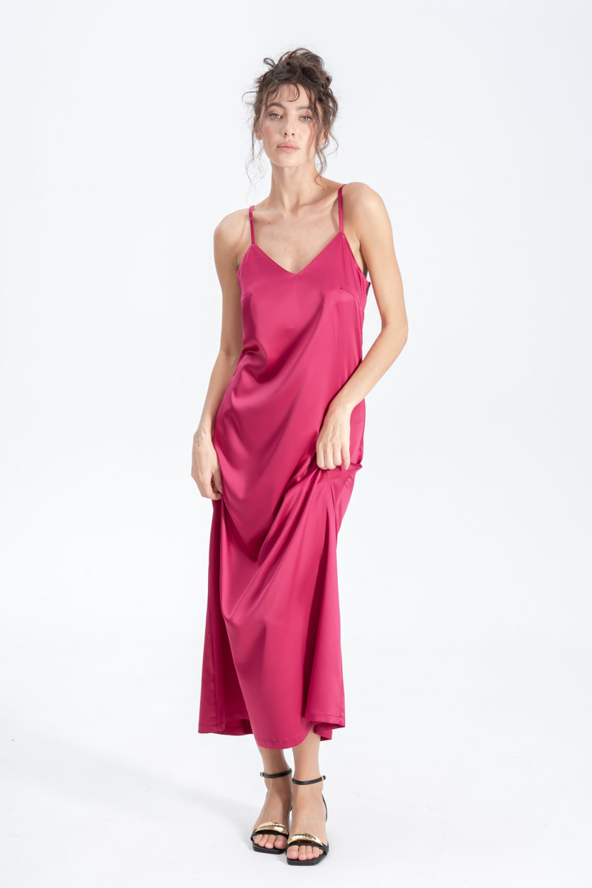 Long Satin Slip Dress in Fuchsia