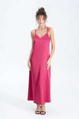 Long Satin Slip Dress in Fuchsia