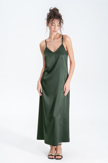 Long Satin Slip Dress in Green