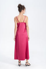 Long Satin Slip Dress in Fuchsia