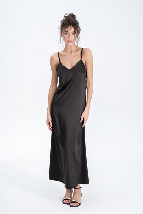 Long Satin Slip Dress in Black