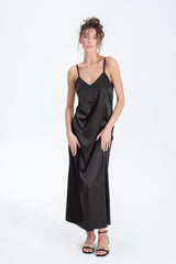 Long Satin Slip Dress in Black