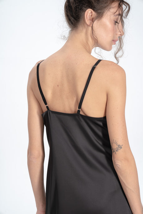 Long Satin Slip Dress in Black