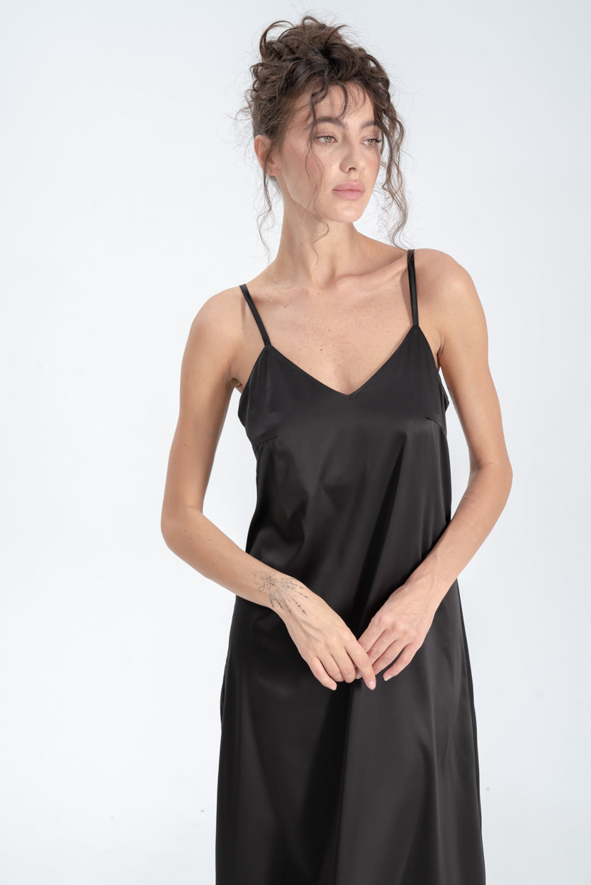 Long Satin Slip Dress in Black