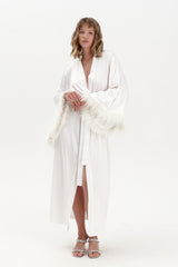 Satin Feather Dressing Gown in Ivory White